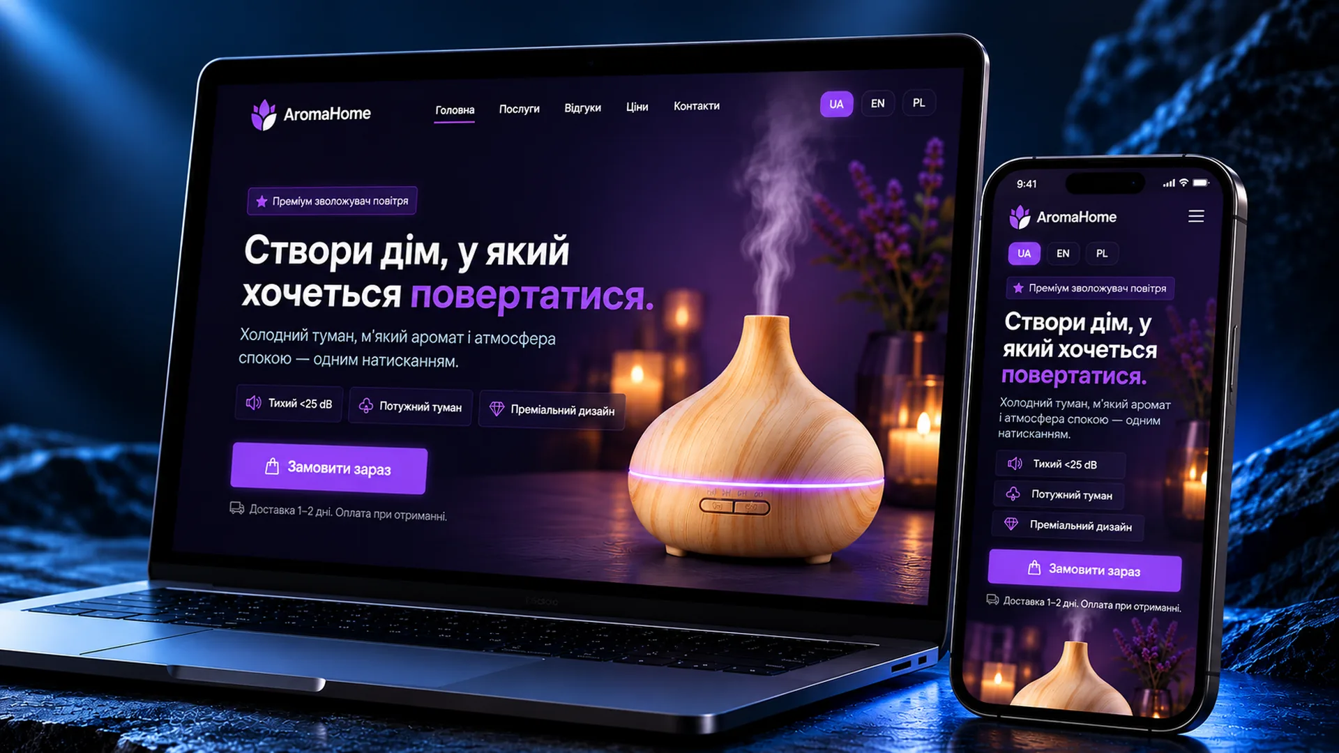 Мокап сайту AromaHome на ноутбуці та смартфоні